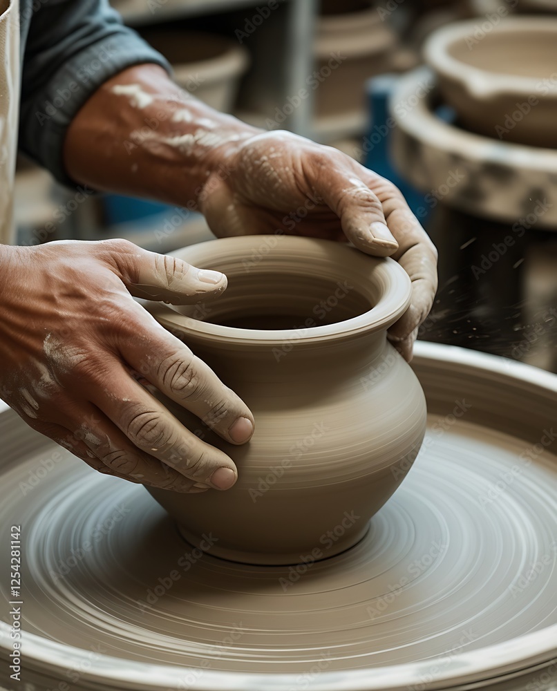 Skilled hands of a potter shaping wet clay into a symmetrical ceramic pot on a pottery wheel. The art of traditional pottery making captured in a workshop environment with natural textures
Skilled hands of a potter shaping wet clay into a symmetrical ceramic pot on a pottery wheel. The art of traditional pottery making captured in a workshop environment with natural textures