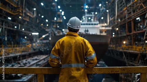 A man in a yellow jacket stands on a railing looking at a large ship