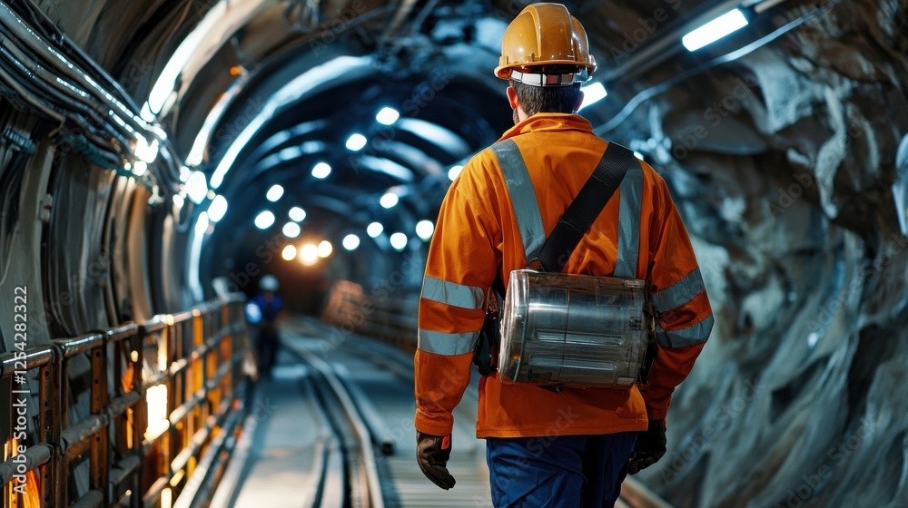 Obraz premium A man in an orange safety vest walks through a tunnel