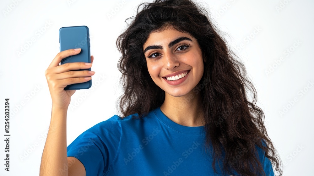 A full-length shot of a happy Jordanian female star, looking at her phone and wearing a blue shirt on a white background. A full-length shot of a happy Jordanian female star, looking at her phone and wearing a blue shirt on a white background.