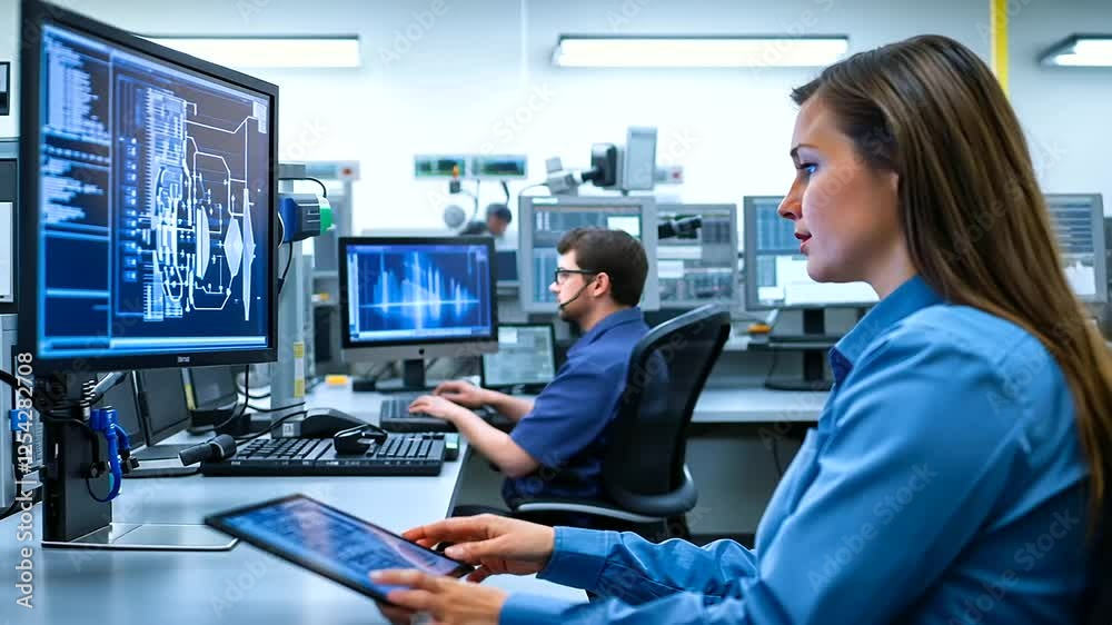 A team collaborates in a cutting-edge research facility, utilizing modern technology. A team collaborates in a cutting-edge research facility, utilizing modern technology.