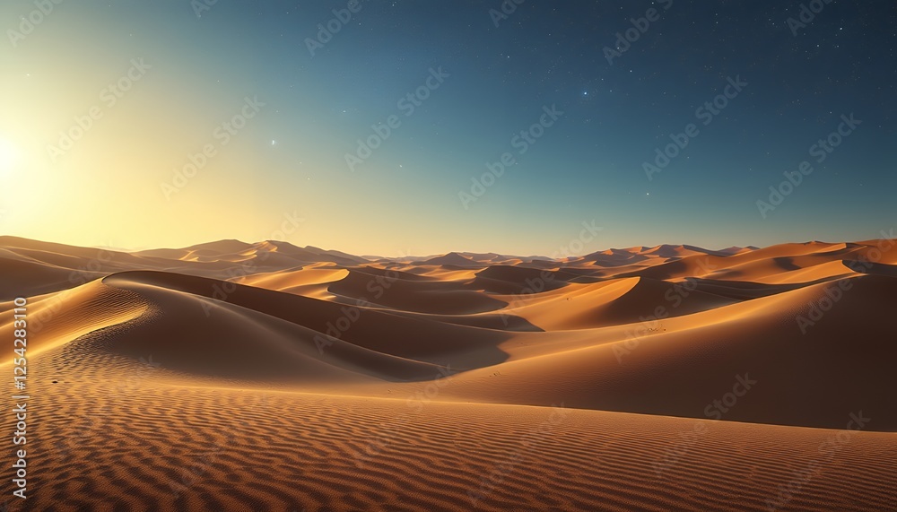 Naklejka premium Breathtaking Sunrise Over a Vast Desert Landscape with Silky Sand Dunes and Stars Above