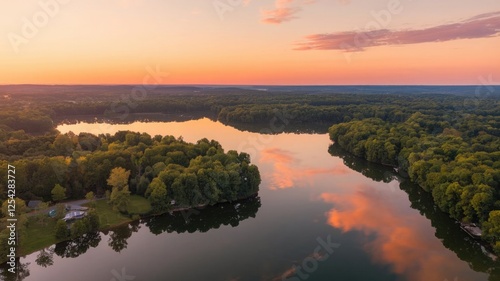 Serene Lake at Sunset – Aerial View of Nature’s Tranquility