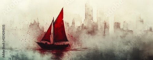 Red sail, foggy city harbor, artistic design, book cover