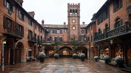 Brick Courtyard Building With Clock Tower In Winter