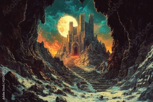 A castle is shown in a dark cave with a full moon in the background photo