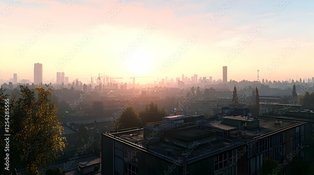 Obraz premium Sunrise Over A Digital Cityscape