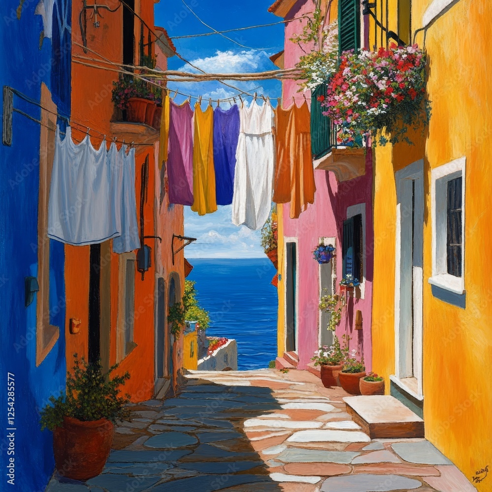 Obraz premium Vibrant narrow street with colorful buildings and laundry overlooking the sea on a sunny day