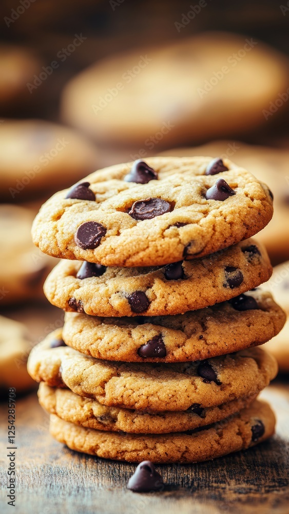 Stack of Chocolate Chip Cookies on Wooden Table Stack of Chocolate Chip Cookies on Wooden Table