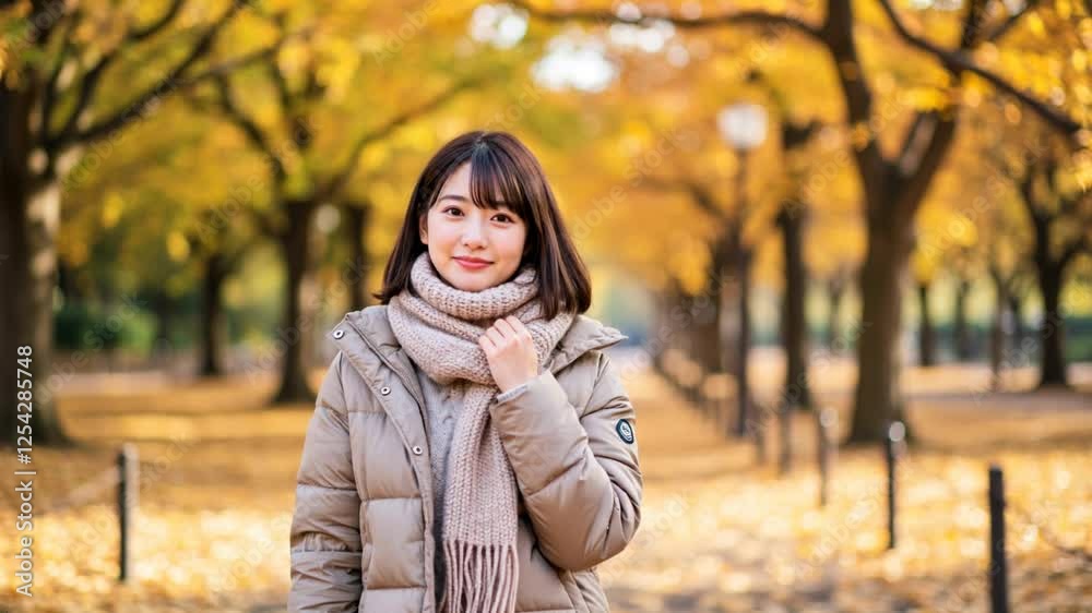 Autumnal Ambiance , A Cheerful Woman in a Warm Coat Among Golden Trees Autumnal Ambiance , A Cheerful Woman in a Warm Coat Among Golden Trees
