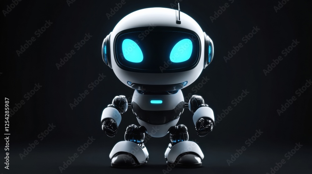 Minimalist glowing humanoid robot stands centered against a dark background in an interactive display at a technology exhibition. Generative AI