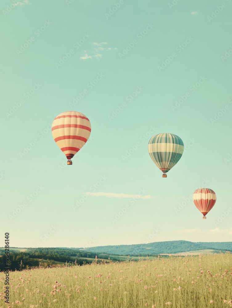 Obraz premium Colorful hot air balloons drifting peacefully over an expansive green field under a clear blue sky. Generative AI