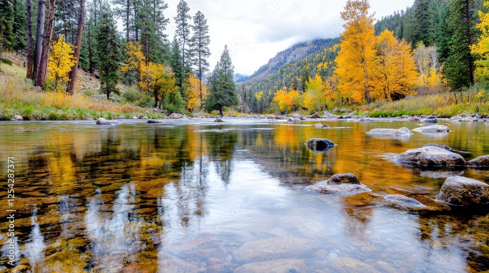Fototapeta premium Autumn River Reflection, Mountain Valley, Calm Waters, Fall Colors, Nature Scenery
