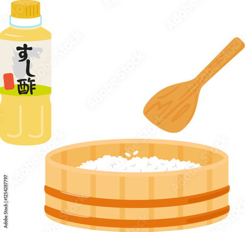 市販の寿司酢と木桶に入ったご飯