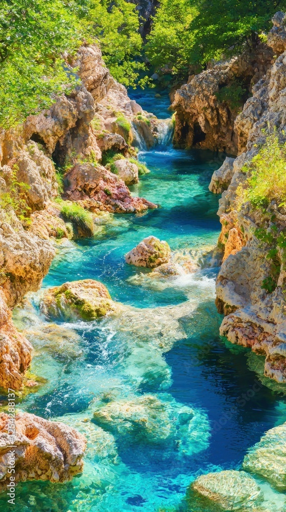Naklejka premium Crystal clear mountain stream flowing through rocks