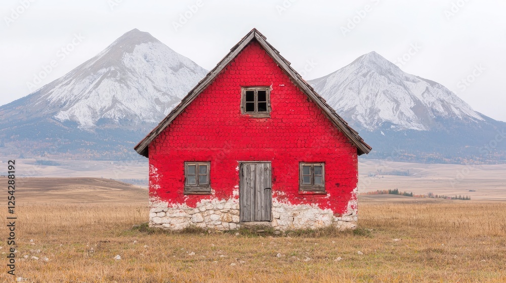 Red house, volcanic landscape, autumn. Travel postcard Red house, volcanic landscape, autumn. Travel postcard