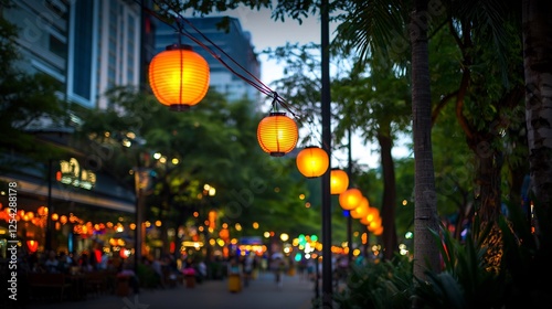 Illuminated Street Lanterns at Night Creating a Festive Atmosphere with Cityscape