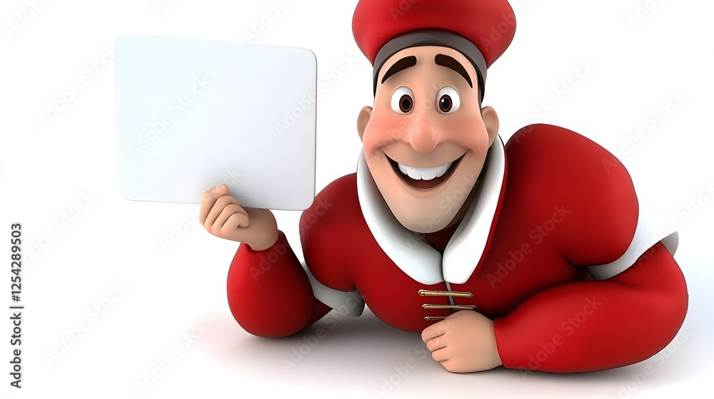 Cheerful cartoon character in red outfit holding a blank signboard