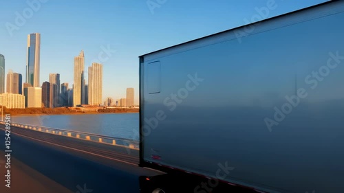 Truck on Bridge with Cityscape Background
