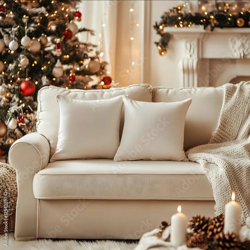 A full view of a stylish and cozy sofa in a festive Christmas living room perfectly staged for a product presentation The sofa is adorned with two white plain photo