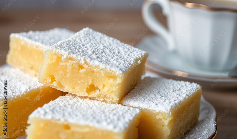 Delicious homemade lemon bars dusted with powdered sugar on a plate, served with a cup of tea
Delicious homemade lemon bars dusted with powdered sugar on a plate, served with a cup of tea