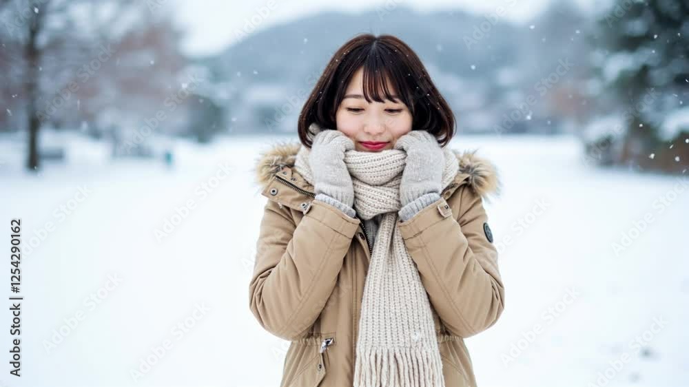 Joyful winter experience, A beautiful girl enjoys the snow day Joyful winter experience, A beautiful girl enjoys the snow day