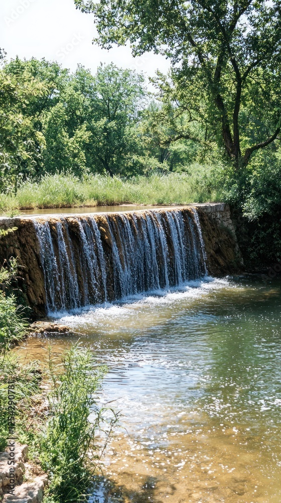 Small waterfall cascading over stone dam in a green forest. Possible use Nature background Small waterfall cascading over stone dam in a green forest. Possible use Nature background