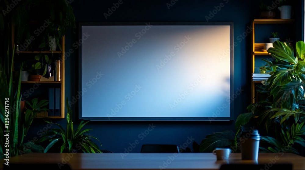 Fototapeta premium Blank whiteboard meeting room plants sunset mockup
