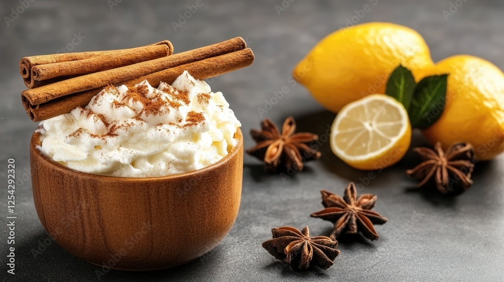 Bowl of whipped cream dessert topped with cinnamon sticks and lemon on a wooden table