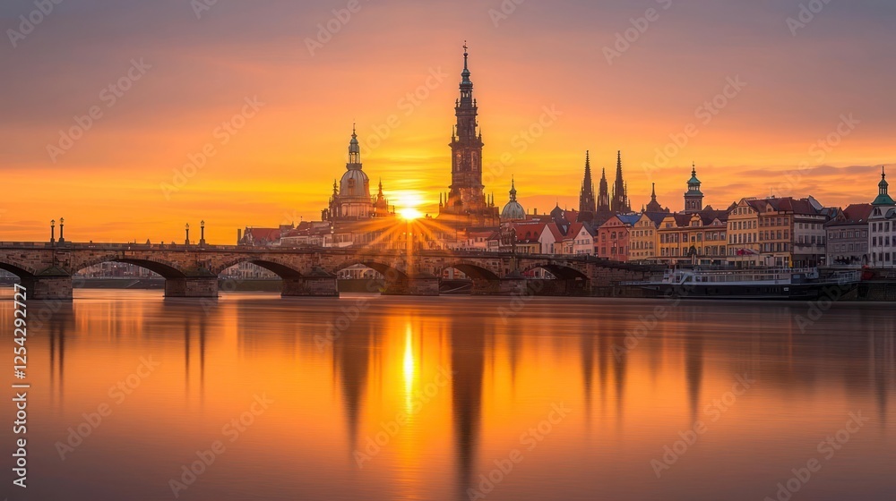 Golden Sunset Over German Cityscape With Bridge Reflections Golden Sunset Over German Cityscape With Bridge Reflections