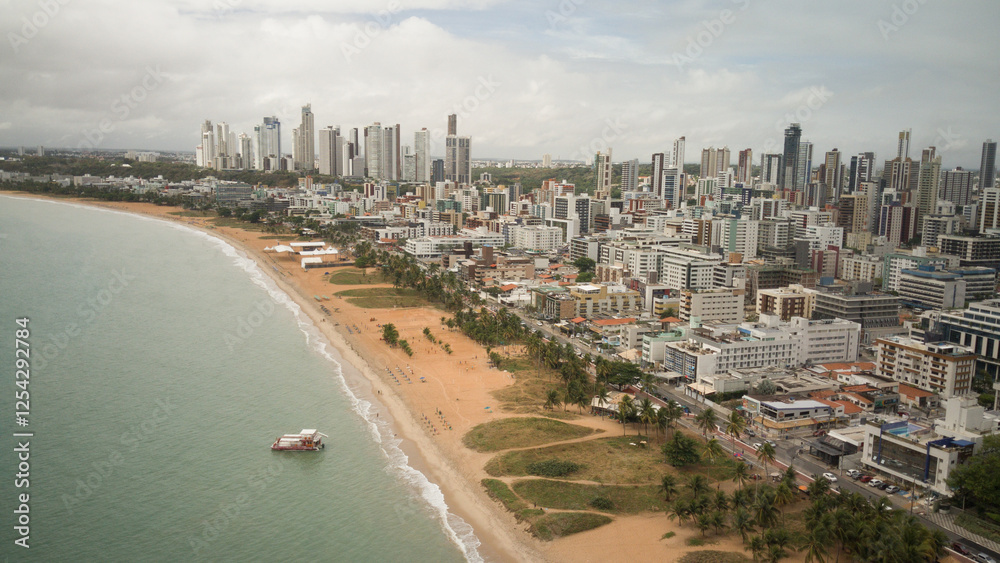 Naklejka premium Panoramic Drone View of João Pessoa City with Tambaú Beach in the Foreground, Paraíba, Brazil