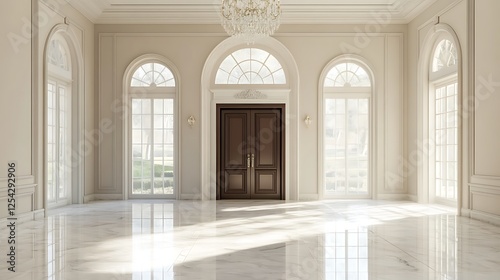 luxury mansion entrance with marble floors and chandeliers 