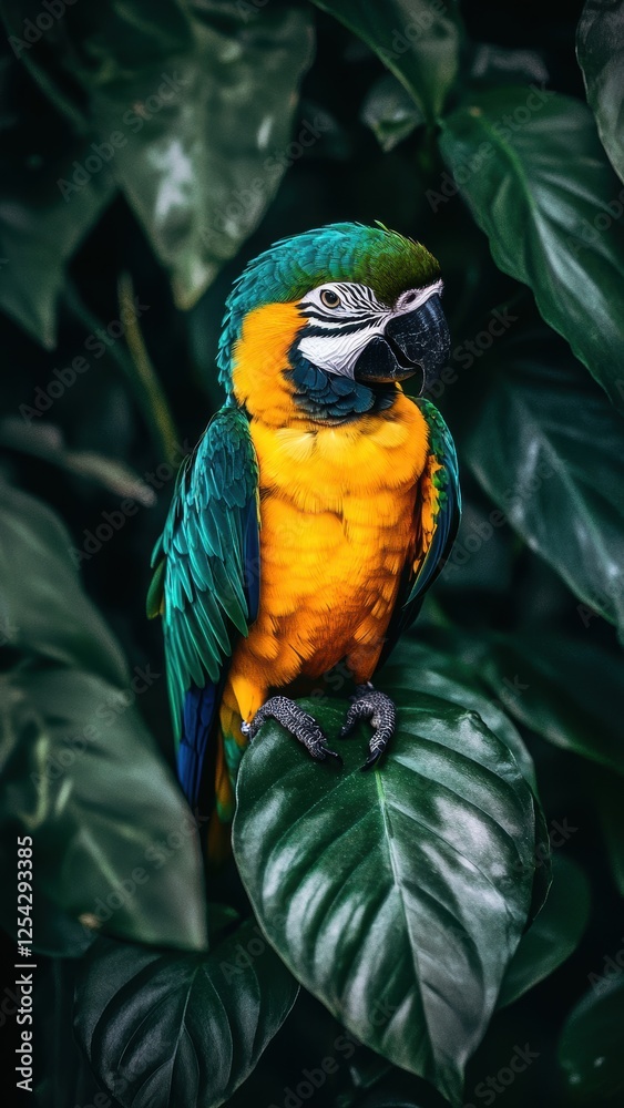 Fototapeta premium Blue and Gold Macaw Perched on a Leaf