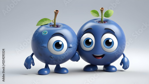 Playful blueberry cartoon characters holding hands against a light grey background; perfect for children's books or food packaging