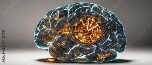 Futuristic digital brain with glowing circuits and clock elements, symbolizing technology and time