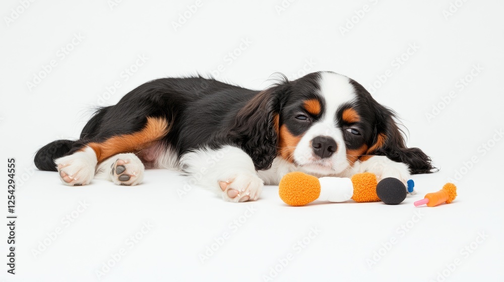 Playful puppy resting on a white background with colorful toys scattered around Playful puppy resting on a white background with colorful toys scattered around
