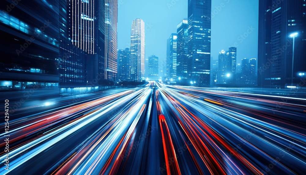 Fototapeta premium A dynamic cityscape at night, showcasing vibrant light trails from moving vehicles against a backdrop of illuminated skyscrapers.
