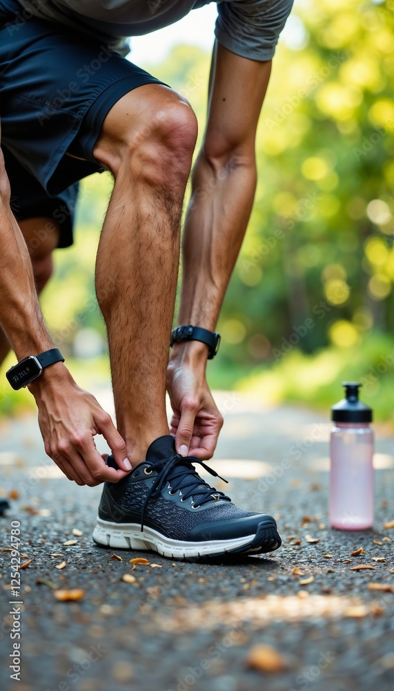 Fototapeta premium Athletic man tying shoelaces while squatting on a path in nature with a water bottle nearby