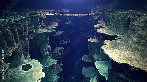 Underwater landscape showcasing intricate rock formations and deep blue water ambiance