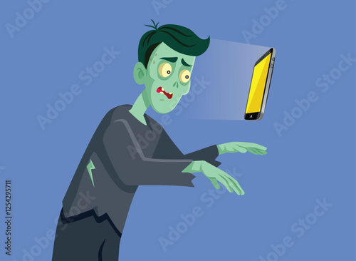
Zombie Man Addicted to Technology Vector Concept Illustration. Person walking mindless being manipulated by the algorithms 