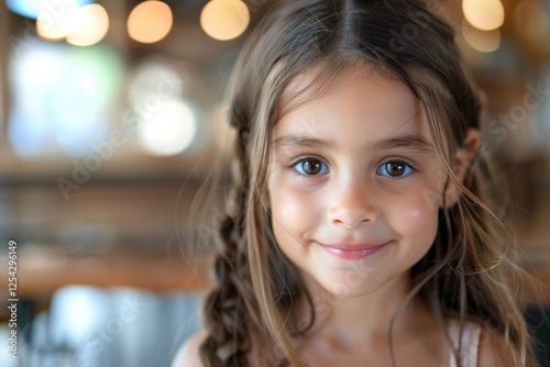The young girl gentle smile, large eyes, and rosy cheeks add warmth and charm to the bokey and blur cozy cafe portrait background.