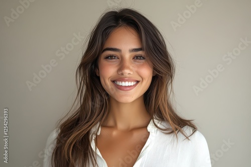 Woman in 20s to 30s pose in casual white attire with understated white gray backgrounds, exuding tranquility and elegance through simplicity.