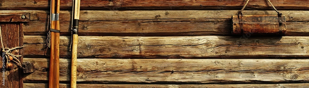 Fototapeta premium Rustic wooden wall with skis and vintage container