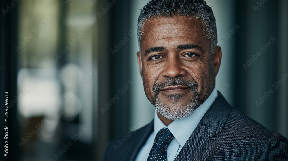 Fototapeta premium Confident African American Male Entrepreneur in a Stylish Suit Looking Professional and Successful in a Modern Business Environment with a Strong and Determined Expression