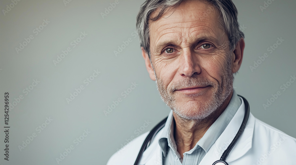 Experienced Caucasian Male Doctor in a White Coat with a Stethoscope, Smiling Confidently Against a Neutral Background, Representing Professionalism, Trust, and Medical Expertise Experienced Caucasian Male Doctor in a White Coat with a Stethoscope, Smiling Confidently Against a Neutral Background, Representing Professionalism, Trust, and Medical Expertise