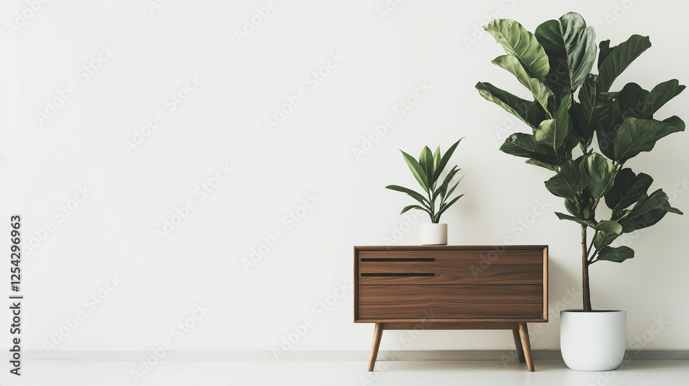 wooden brown sideboard featuring closed cabinets , minimalist design. Ideal for modern living spaces, combining functionality with contemporary style. Isolated on white background , plants in pot wooden brown sideboard featuring closed cabinets , minimalist design. Ideal for modern living spaces, combining functionality with contemporary style. Isolated on white background , plants in pot