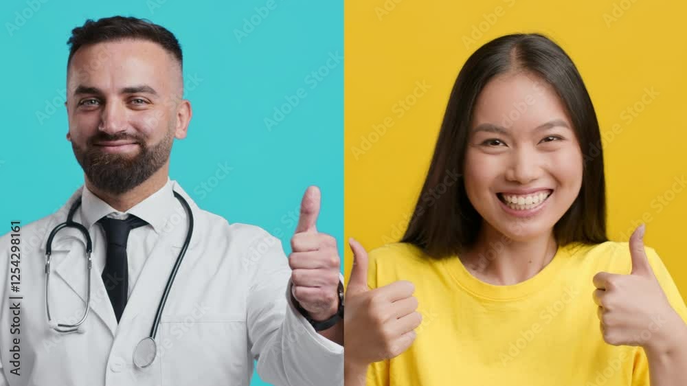 A healthcare professional and a smiling patient are giving thumbs up in a joyful moment. The doctor wears a white coat, while the patient wears a yellow shirt, both exuding positivity. A healthcare professional and a smiling patient are giving thumbs up in a joyful moment. The doctor wears a white coat, while the patient wears a yellow shirt, both exuding positivity.