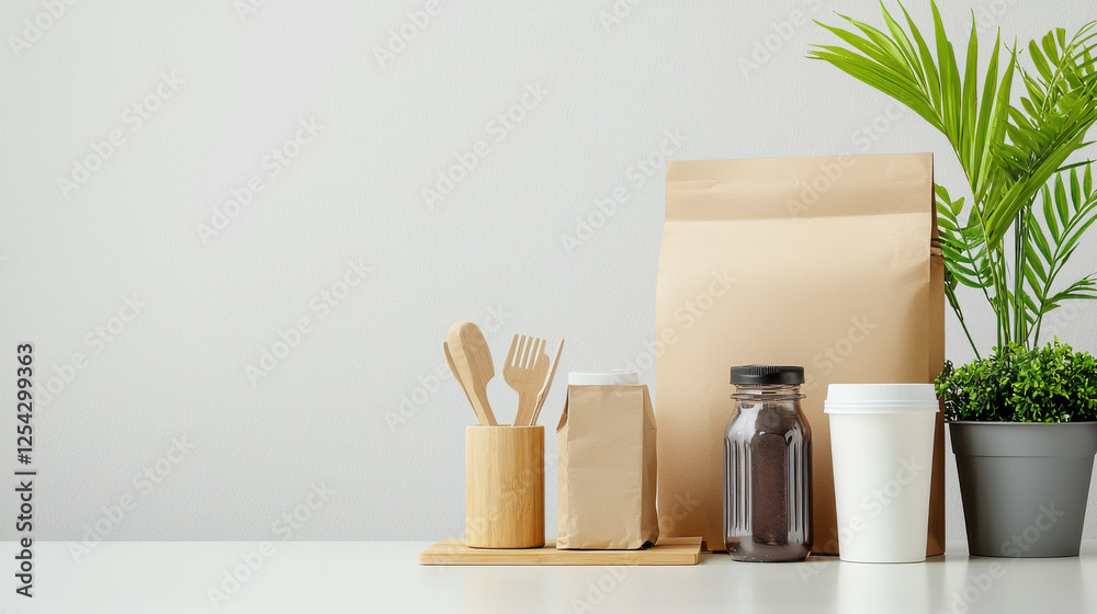 Eco friendly packaging solutions with wooden utensils and plants Eco friendly packaging solutions with wooden utensils and plants