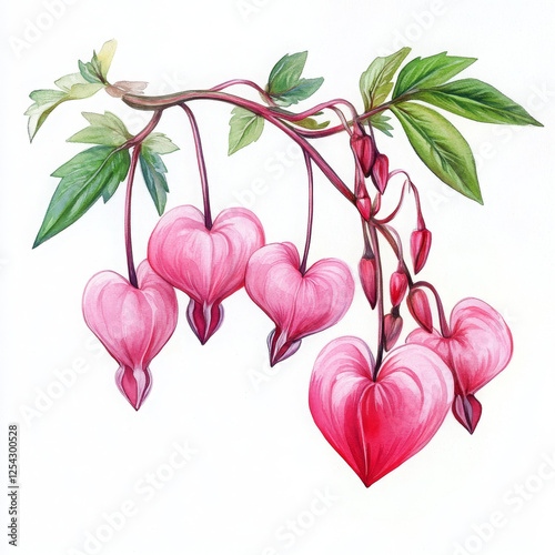 Illustration of pink bleeding heart flowers with fresh green leaves