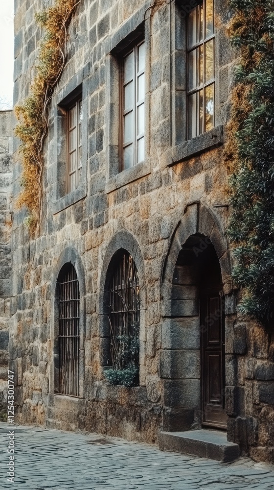 Charming stone building with arched windows, surrounded by cobblestone paths and greenery Charming stone building with arched windows, surrounded by cobblestone paths and greenery